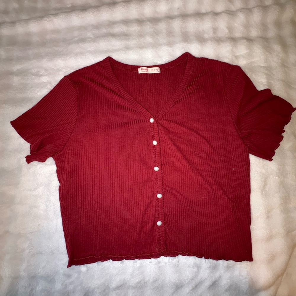 Red Button-Up Ribbed Top